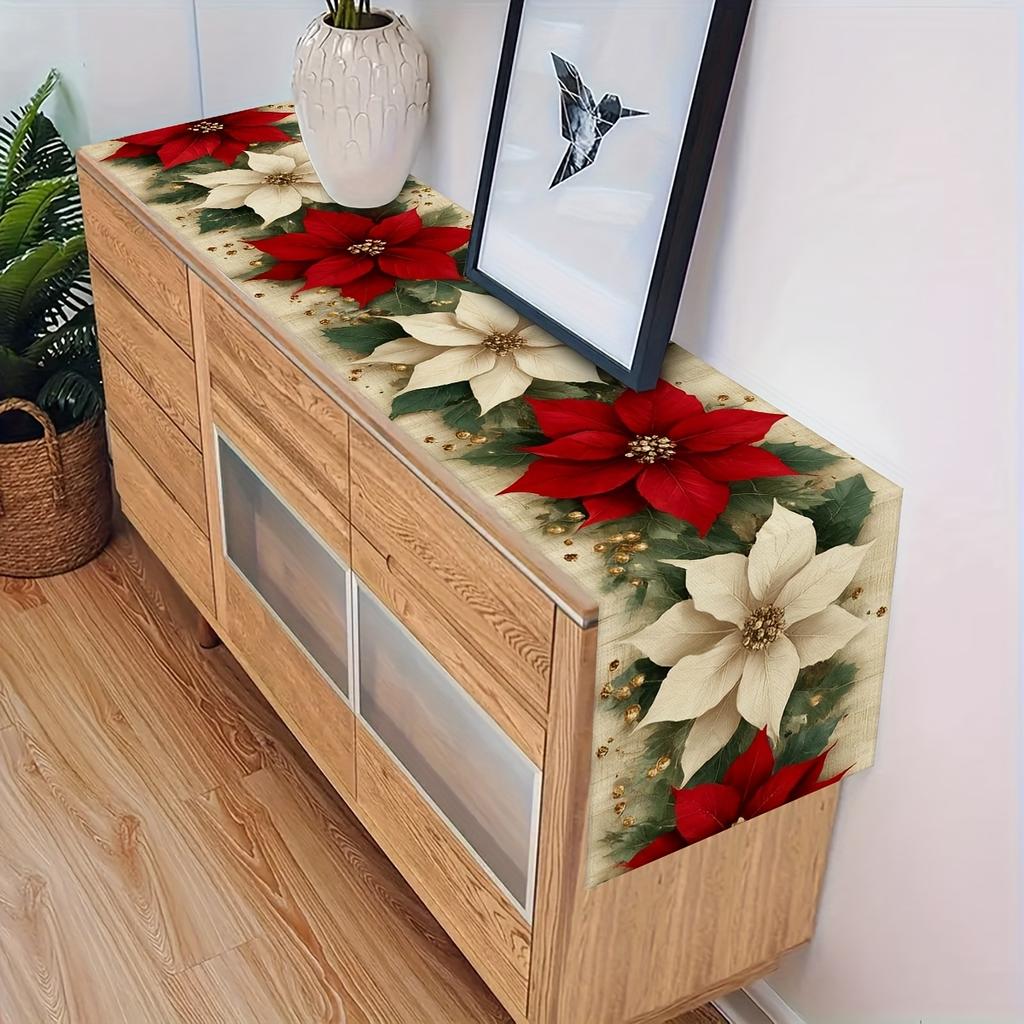 5/7pc Vintage Poinsettia Christmas Table Runner with Placemat Red White Floral Print Festive Table Deco for Xmas Dinner Holiday