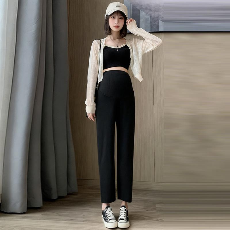 Maternity Wide-Leg Pants: Lightweight Summer Style, Nine-Point Length, Loose Fit, Belly Support, Seamless, Fashionable, Versatile for Home & Outings.