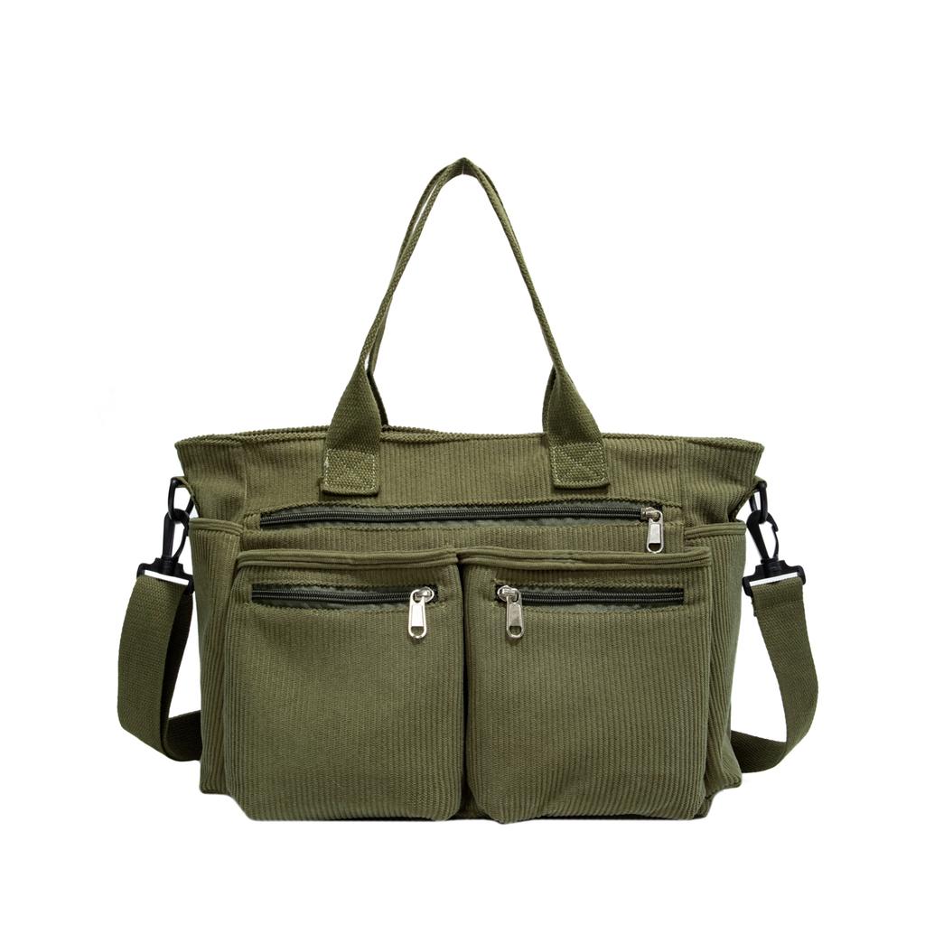 Large Capacity Corduroy Shoulder Bag for Women – Multi-Pocket Tote with Zipper Compartments and Stylish Design