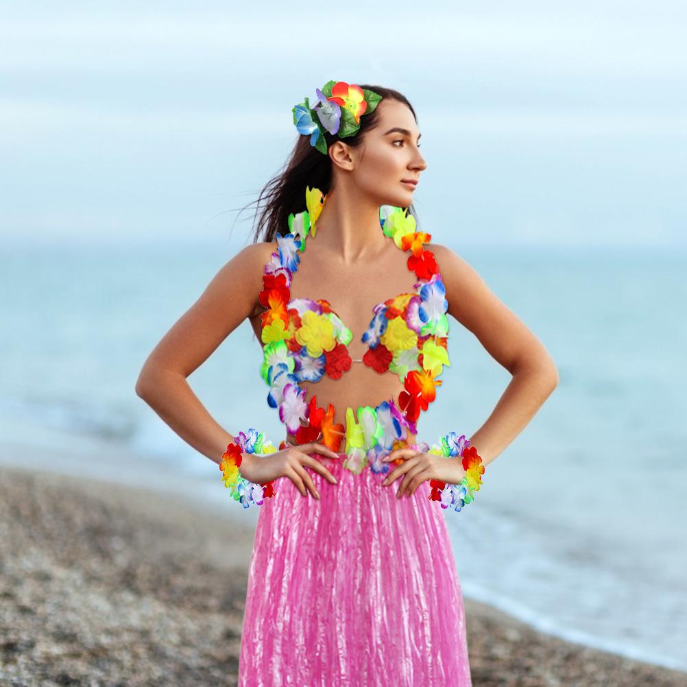 Hawaiian Hula Skirt Set 60cm Grass Skirt Bikini Top Lei Headband Wristbands Sunglasses Hair Clip 8pcs