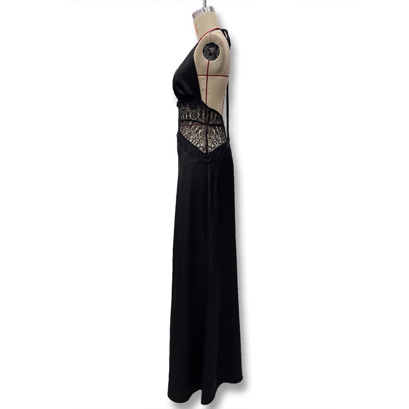 European Style 2025 Summer Women's Deep V Lace-Up Backless See-Through Slim Fit Dress