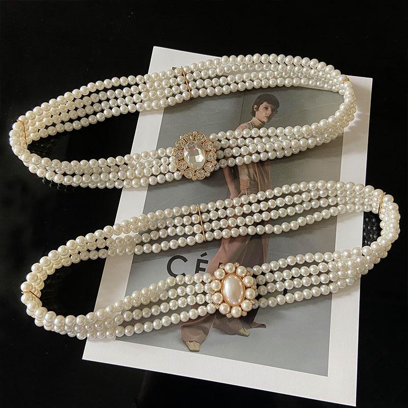 Pearl Belt Women'S, Decorative Women'S Waist Chain Simple Rhinestone Beaded Elastic Waist Seal