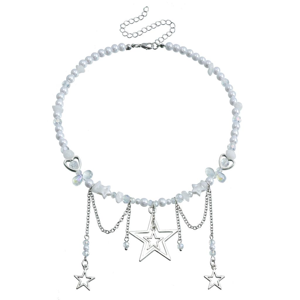 Cold Wind Cross Star Diamond Imitation Pearl Necklace Personalized Stacking Temperament Advanced Clavicle Chain Necklace