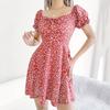 Women Summer Casual Lantern Sleeve Floral Printed Slim Fit Above Knee Length One Piece Dress