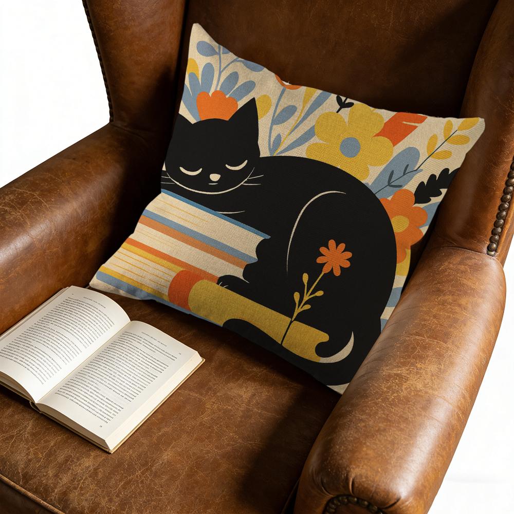 Cushion Cover Black Cat Floral Pattern For Home Decor Window Seat Pillow Case