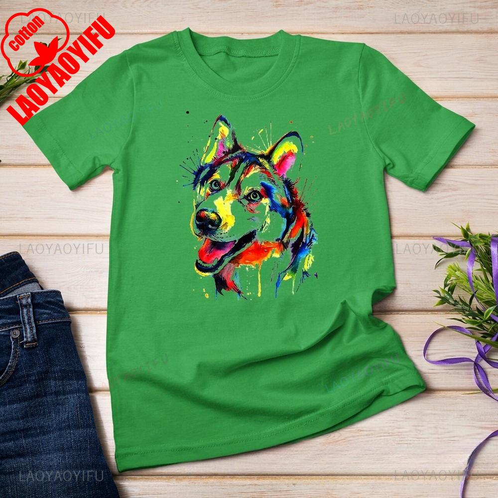 Colorful Siberian Husky Tops Tee Shirt Creative Color Husky Image Printed T Shirt Tops Unisex Unisex High Quality Cotton Summer Tee