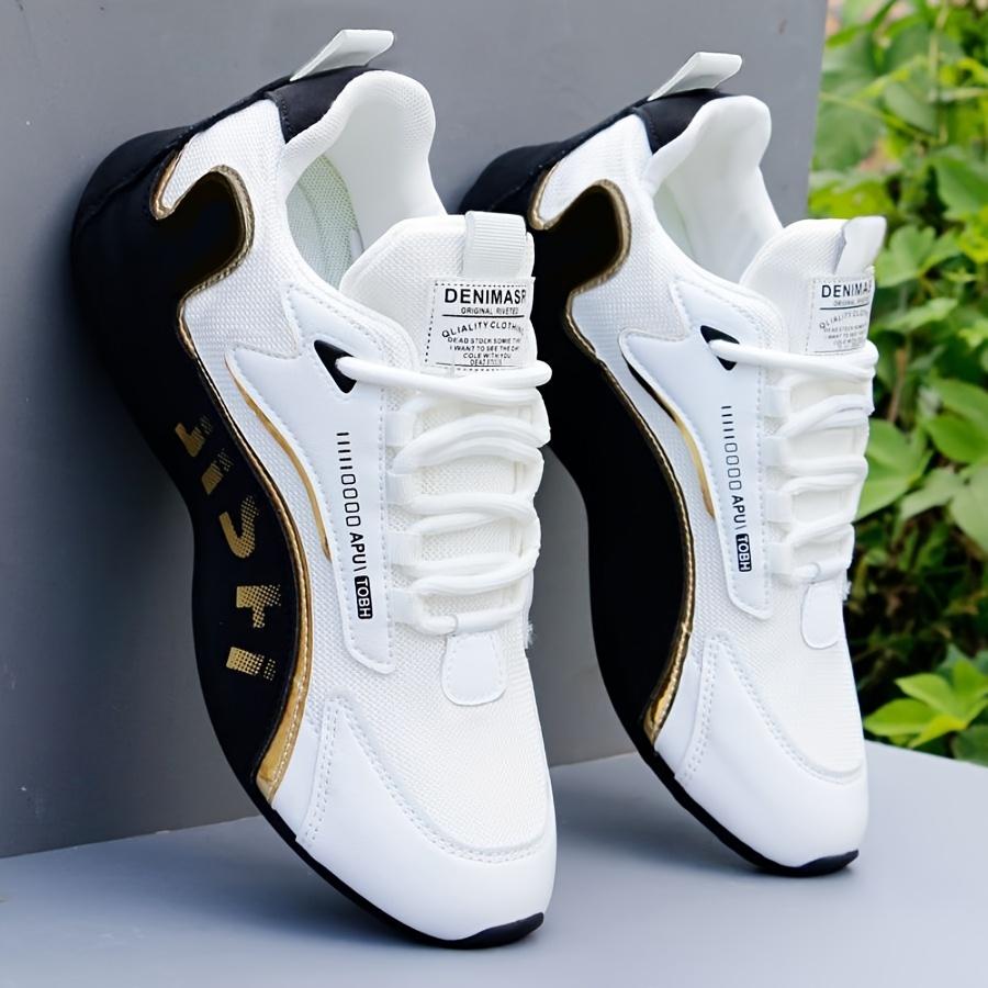 Men's Fashion Casual Sneakers - Breathable Mesh Upper, Anti-Slip Sole, Lace-Up Design In White and Black with Golden Accents, All-Season Sneakers