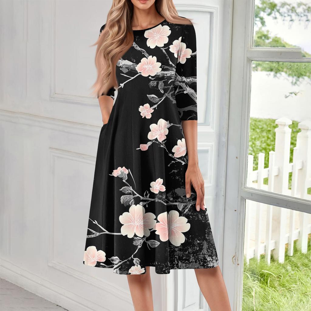 Rochie midi ocazională, cu mâneci trei sferturi, cu gât rotund, cu imprimeu