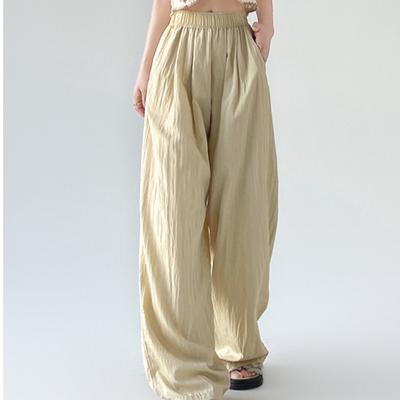 Summer Thin Ice Silk Casual Wide Leg Pants for Women Fashion High Waist Pleated Loose Ladies Trousers Women Elegant Simple Solid Baggy Trouser 25713
