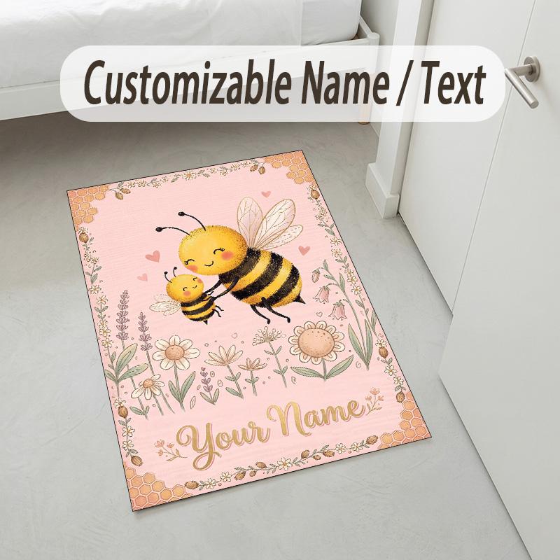 Bee Theme Soft Crystal Velvet Rug Custom Name & Text Print Non Slip Floor Rug for Bedroom Living Room
