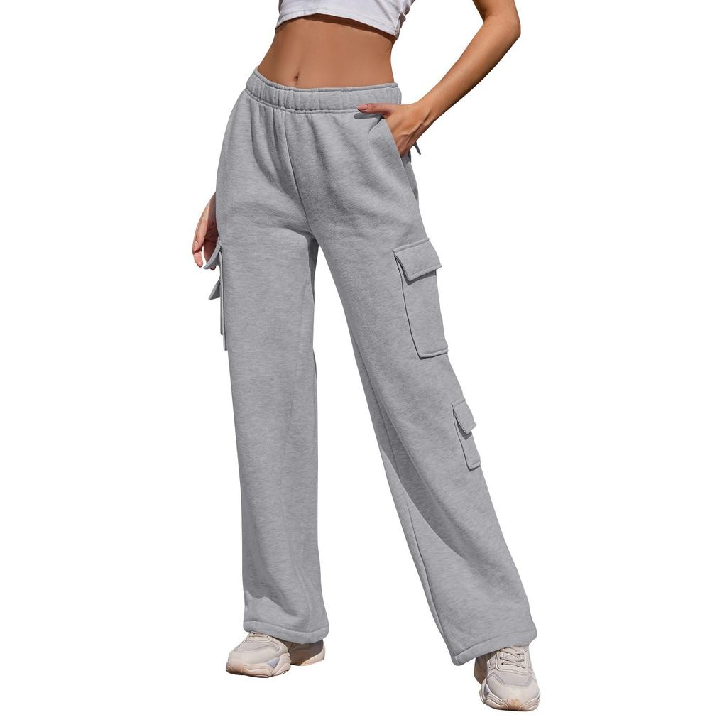 Women's Casual Fashion Solid Color Elastic Waist Drawstring Pockets Wide Leg Straight Pants