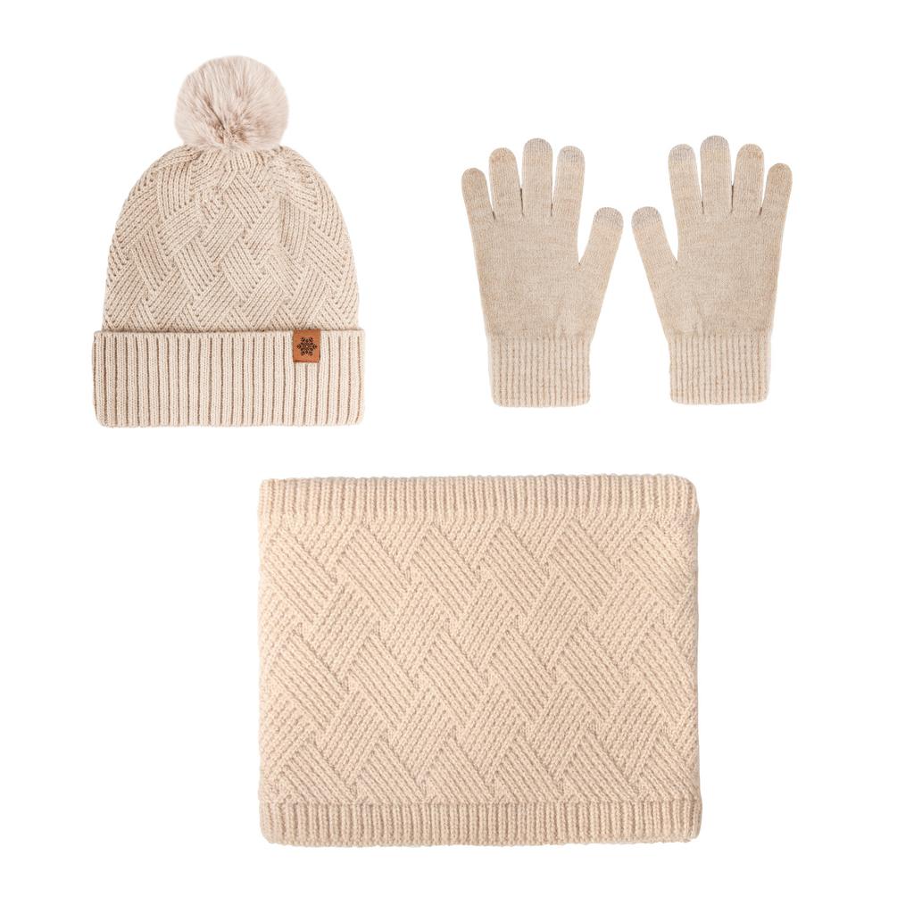 Women's knitted hat winter cold-proof double-layer velvet thickened warm, knitted hat scarf gloves three-piece set