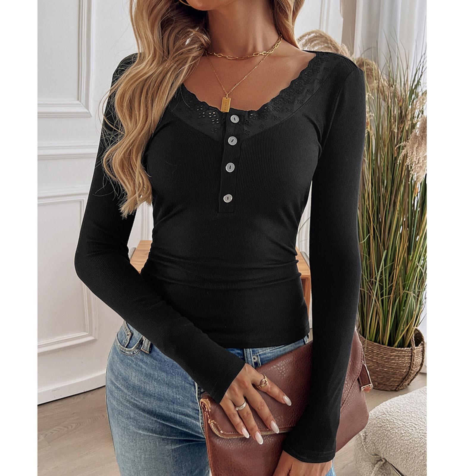 

Женский свободный повседневный однотонный кружевной трикотажный топ с длинными рукавами, модный топ с длинными рукавами L чёрный