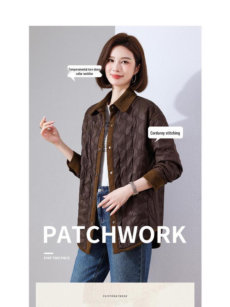 Lightweight Women's Mid-Length Cotton Jacket - 2024 Autumn/Winter Casual Fashion, Padded Patchwork, Loose Fit, Korean Style
