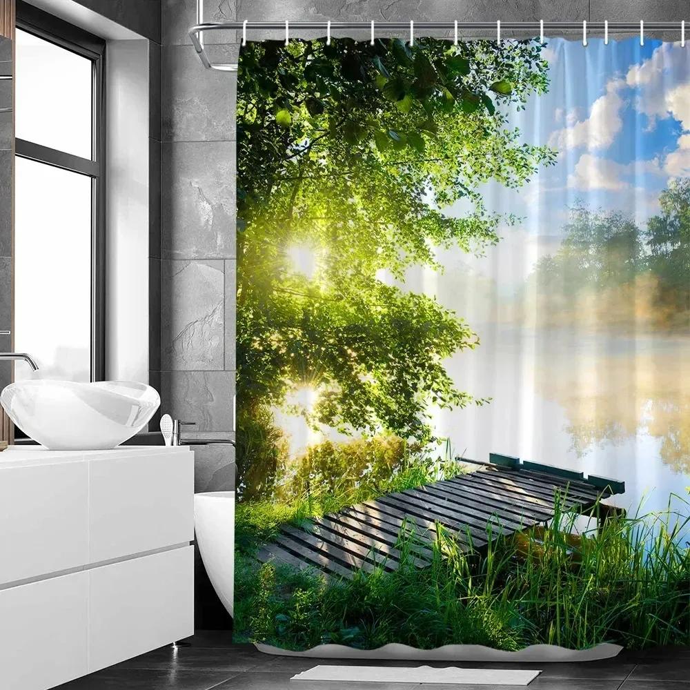 Natural Forest Landscape Shower Curtain 3D Printed Scenery Waterproof Polyester Bath Curtain Home Decor Bathroom Curtain