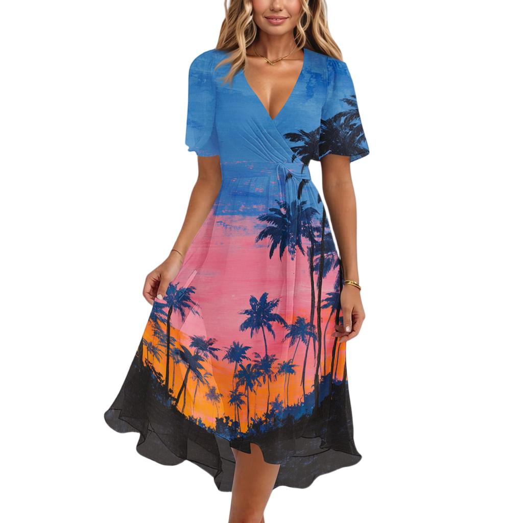 Women's Casual V Neck Short Sleeve Hawaiian Print Dress Summer Beach Midi Dress with Relaxed Fit and Lightweight Fabric for Daily Wear