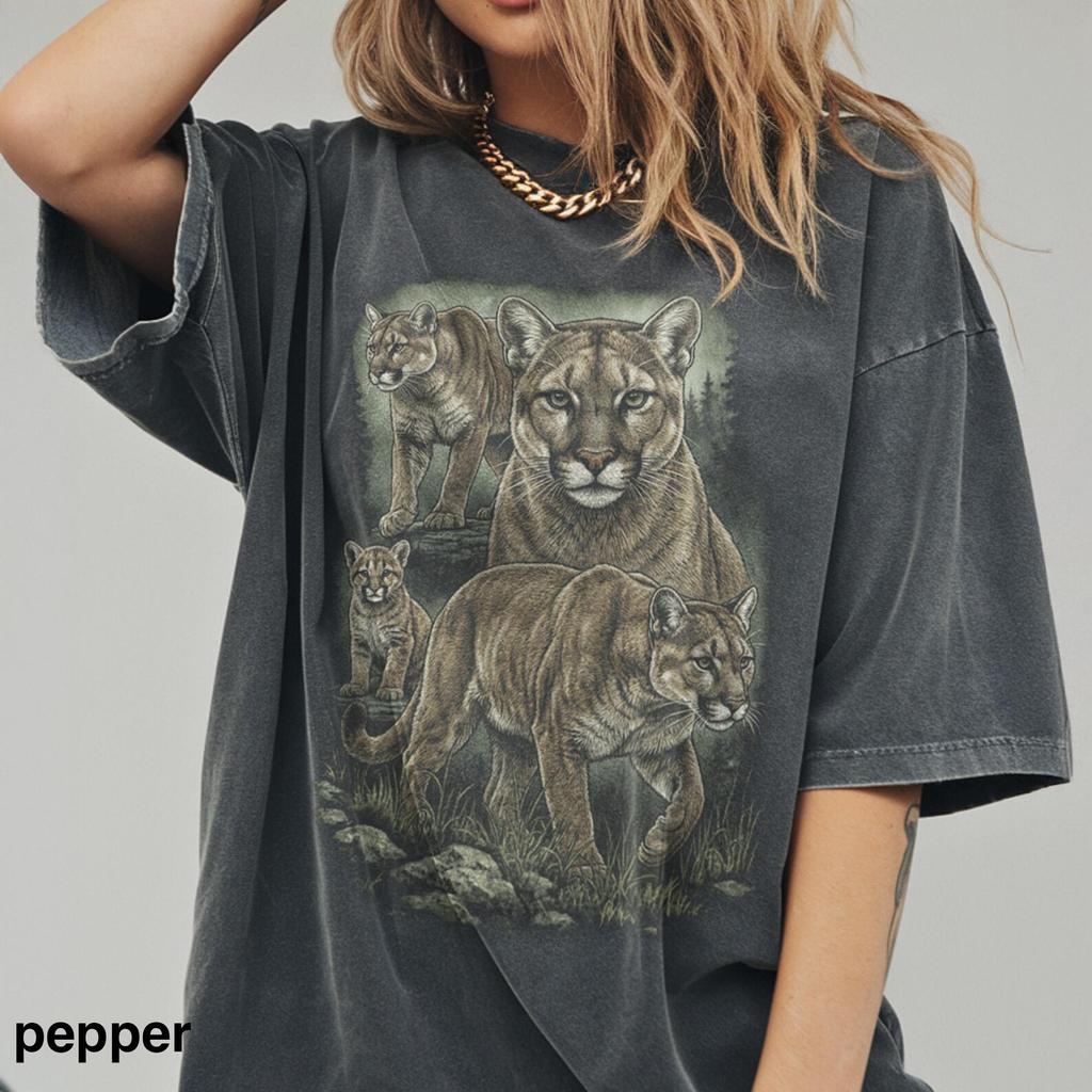 Cougar Family Shirt and kids shirt, Comfort Colors® Mountain Lion Wildlife Graphic Tee, Vintage Forest Nature Top, Big Cat Lover Gift