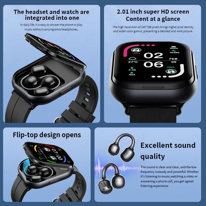 D12 Smart Watch with Earbuds 2-in-1 2" Square Screen Bluetooth Call Fitness Watch Health Monitor