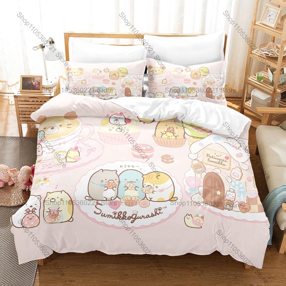 Sumikkogurashi Printed Bedding Set, Duvet Cover plus 2 Pillowcases, Adorable Cartoon Style Soft Microfiber Textiles