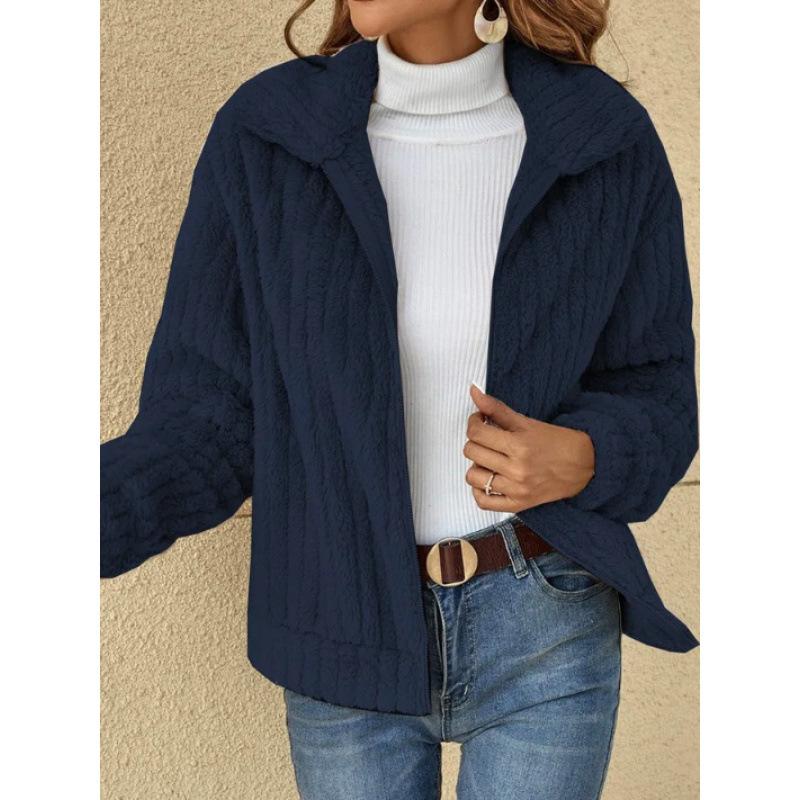 HNXC Women's Fashionable Solid Color Warm Striped Versatile Plush Cardigan Long-sleeved Short Coat for Women