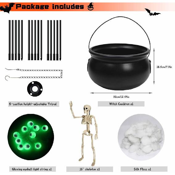 

Хэллоуин Уличные Внутренние Украшения, Тренога Ведьмин Котел с Гирляндой из Глазных Яблок и Скелетом для Украшения Двора, Дома и Крыльца чёрный