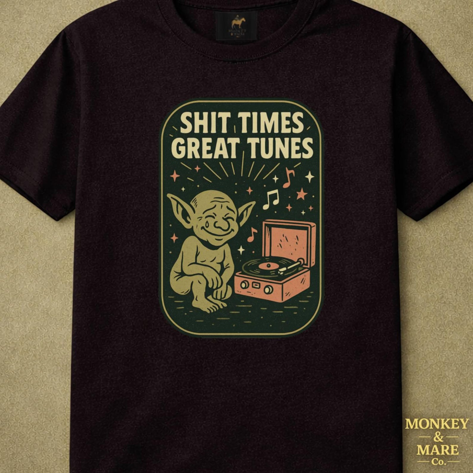 Goblin Music Lover Shirt, Shit Times Great Tunes Tee, Funny Music Humor Gift, Retro Goblin Graphic Tee 3XL