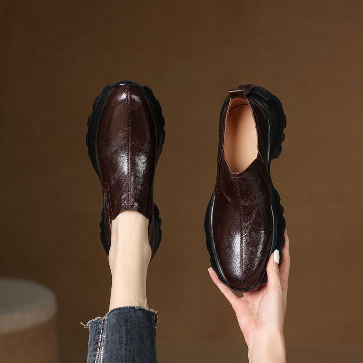 First Layer Sheepskin Muffin Thick-soled Loafers 2025 Spring New High-heeled Leather One-pedal Thick-heeled Deep-mouth Single Shoes