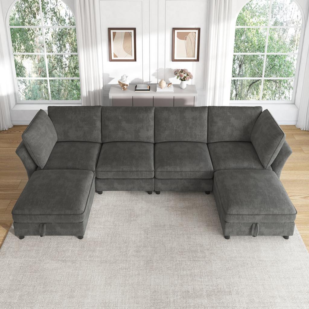 Modular U-/L-Shaped Corner Sofa, Combinable 6-Seater with Storage Stool, Cloud Design, Chenille Fabric, for Living Room, Apartment and Bedroom, Grey.