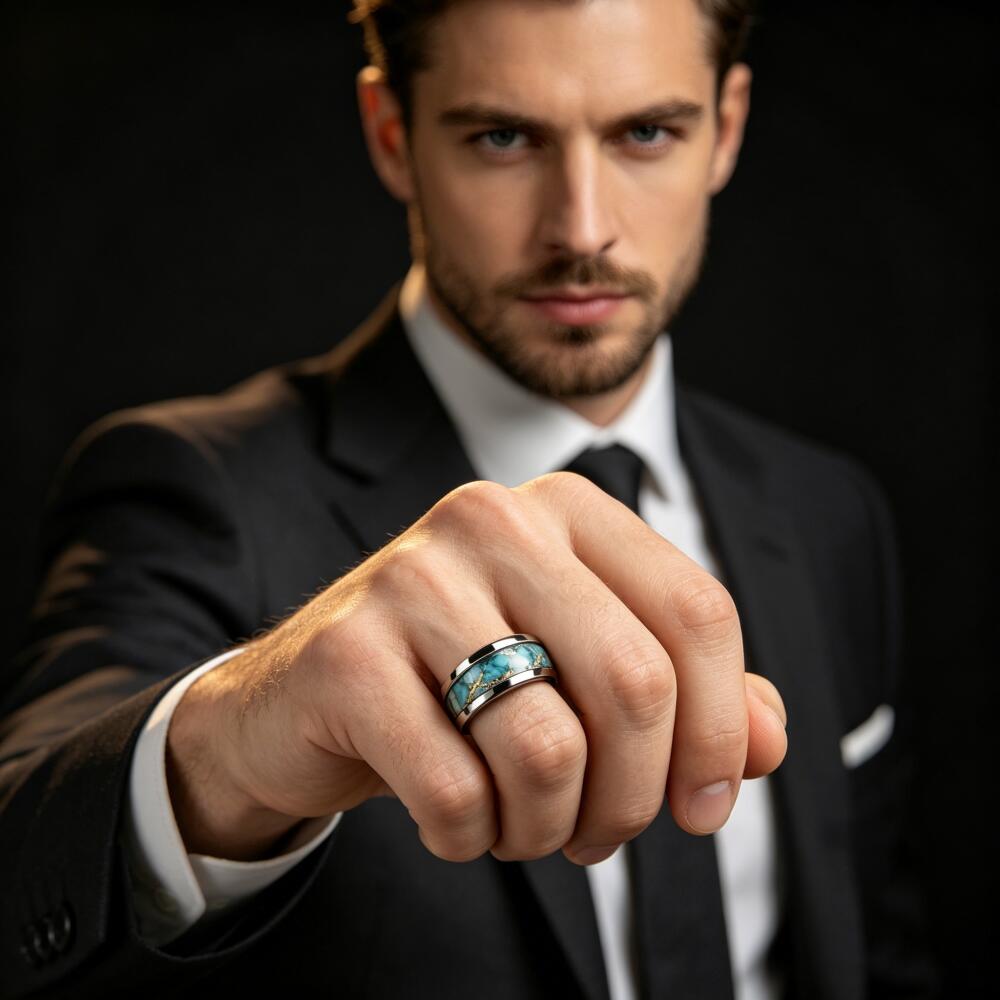 Luxury Sky Blue Turquoise & Golden Marble Pattern Ring Stainless Steel Rings For Women Men Wedding Jewelry Valentine's Day Gifts