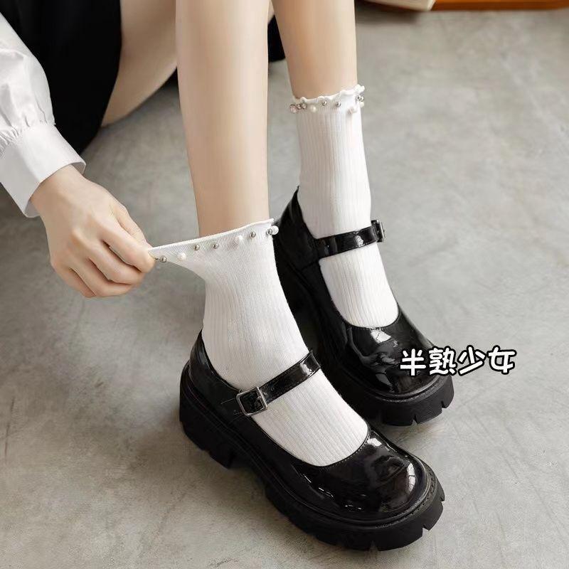 Children's pearl thin medium tube Japanese lace new ins curling socks fungus edge fashion cotton socks black