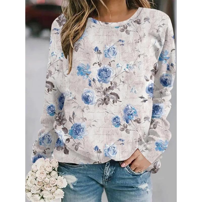 Fashion Women's Crew Neck Long Sleeve 3D Casual Color Printing Casual Long Sleeve T-Shirt