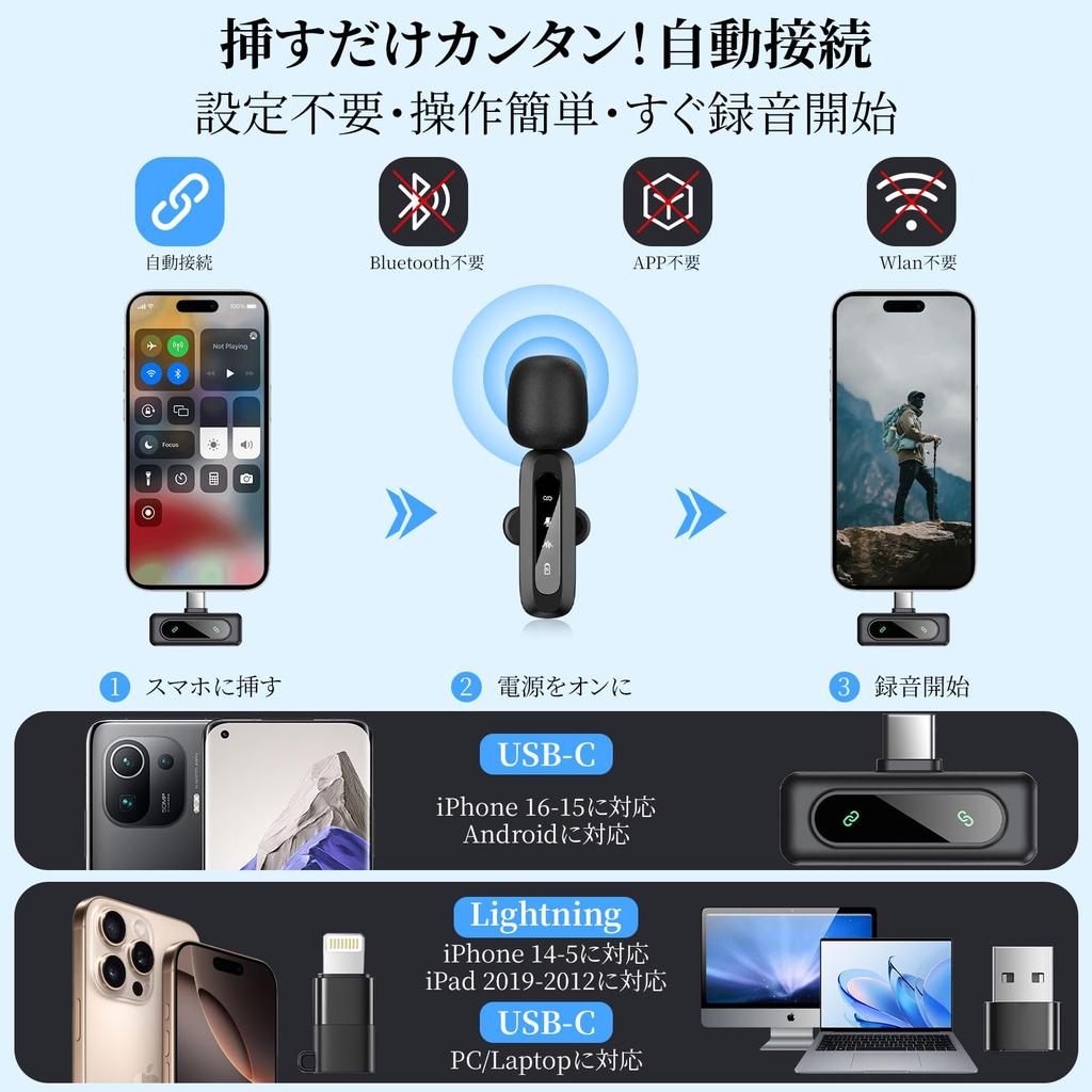 PAKESI Wireless Microphone, 2-Pack Mini Microphone, Wireless Lavalier Microphone, Lapel Microphone for Recording, Plug and Play, Clip-on Microphone