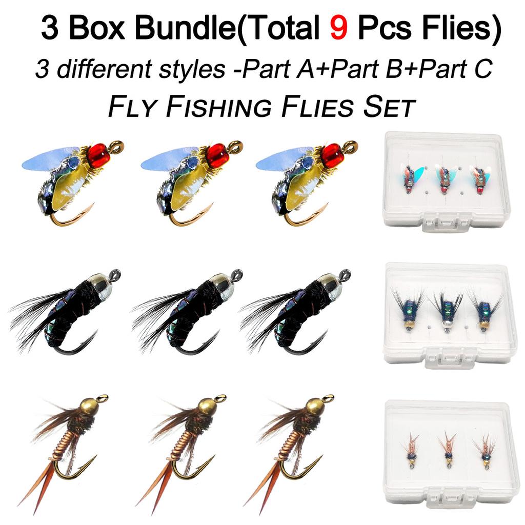 Fly Fishing Flies 9Pcs-3 Boxs Bundle Artificial 3 different styles Wet Flies Bait for Freshwater and Seawater for Fishing Trout/Perch Fishing Lure