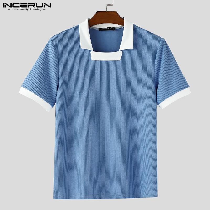 INCERUN Men Lapel Square Collar Short Sleeve Stitching Color Casual Fitted T-shirts