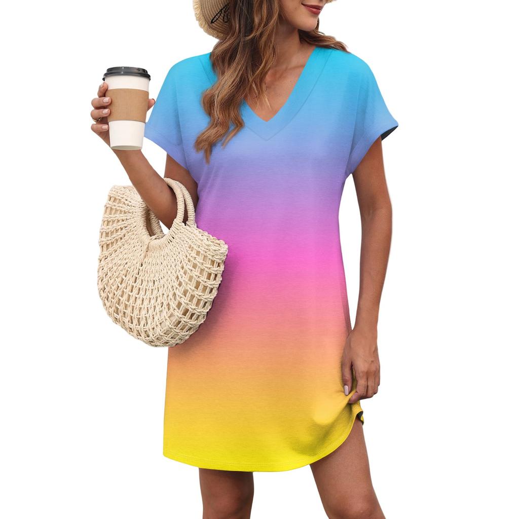 Women's Casual Fashion Sexy V-Neck Cap Sleeves Pocket Gradient Dress