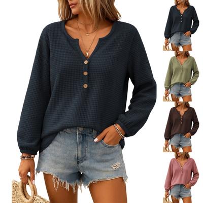 Women's Casual V,neck Long,sleeved Pullover Loose Color Top