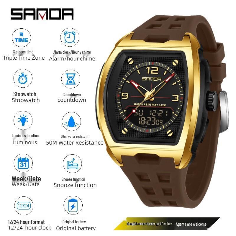 Sanda Dual Display Multifunctional Waterproof Luminous Men's Wristwatch
