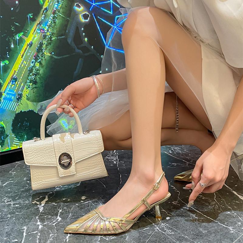 Fashion Elegant Pointed Toe Kitten Heel Women Sandals Fashion Shallow Back Strap Buckle Design Slide Sandals Sexy Summer Dresses Pumps