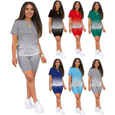 Conjunto de 2 camisetas y pantalones cortos para mujer, con degradado de color en contraste, cuello redondo, manga corta, elástico