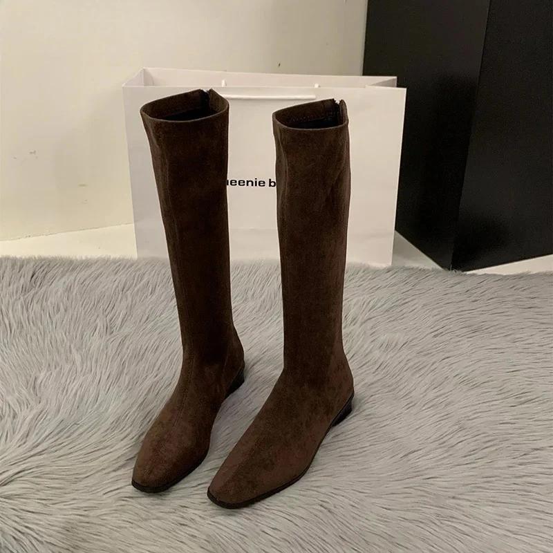 Quality Women Boots Luxury Suede Casual Boots Designer Square Head Slim Long Booties Vintage Women Knee High Boots Bottes Femmes