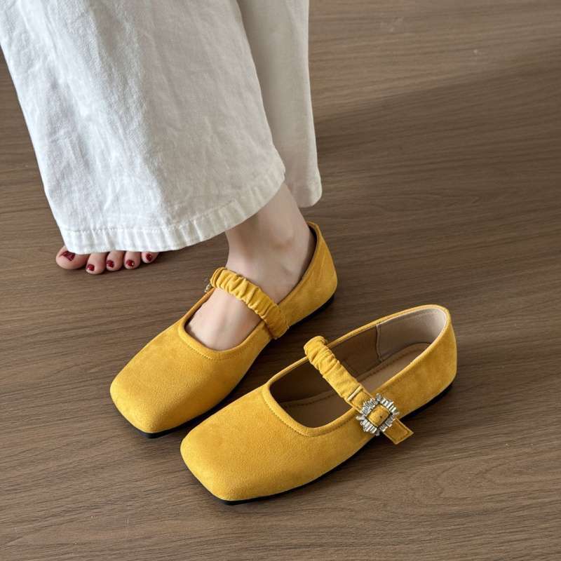French Square Head Mary Jane Shoes Light Mouth Suede Soft Sole Non-slip Spring Flat 2025 Single Shoes New Skirt Shoes