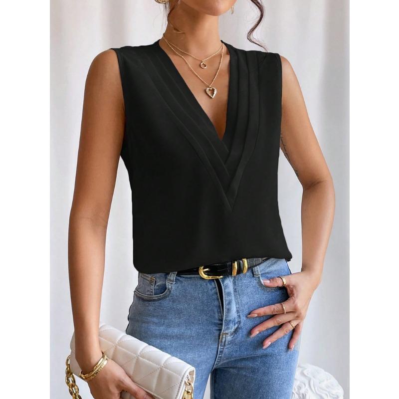 IHUASU Women's Fashion Casual Solid Color Print Sleeveless V Neck Blouses & Shirts Unique design