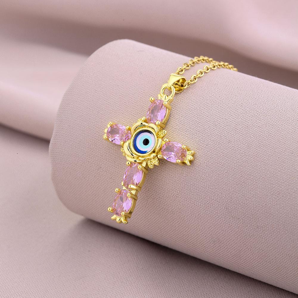 New Zircon and Eye Cross Necklace Girlfriends Couple Simple Sweet Temperament Titanium Steel Clavicle Chain Neck Chain