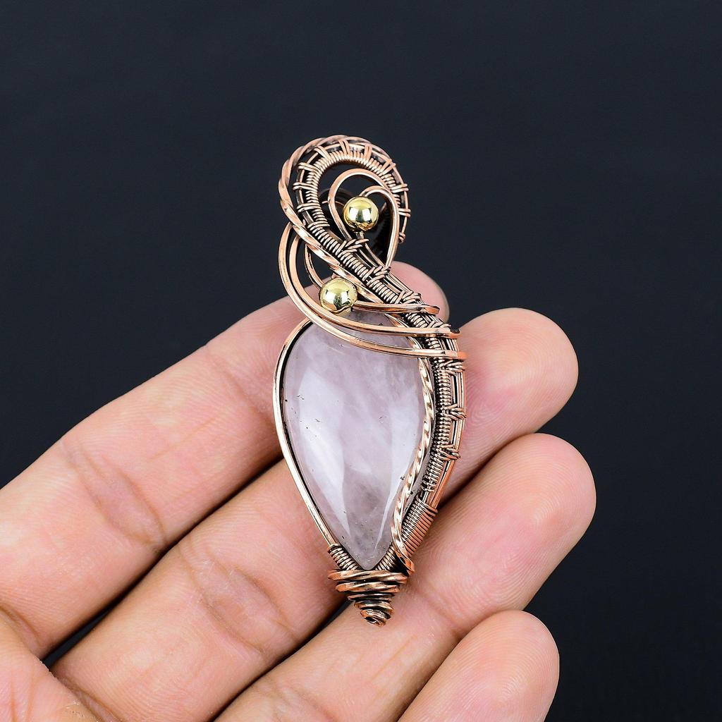 Rose Quartz Gemstone Handmade Pure Copper Wire Wrapped Pendant Jewelry For Thanksgiving
