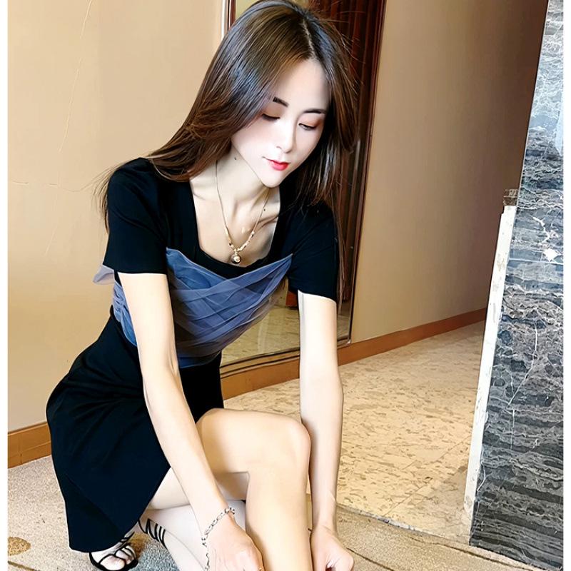 2025 Summer Women's Petite Little Black Dress with Square Neck and High Waist Slimming Mesh Front