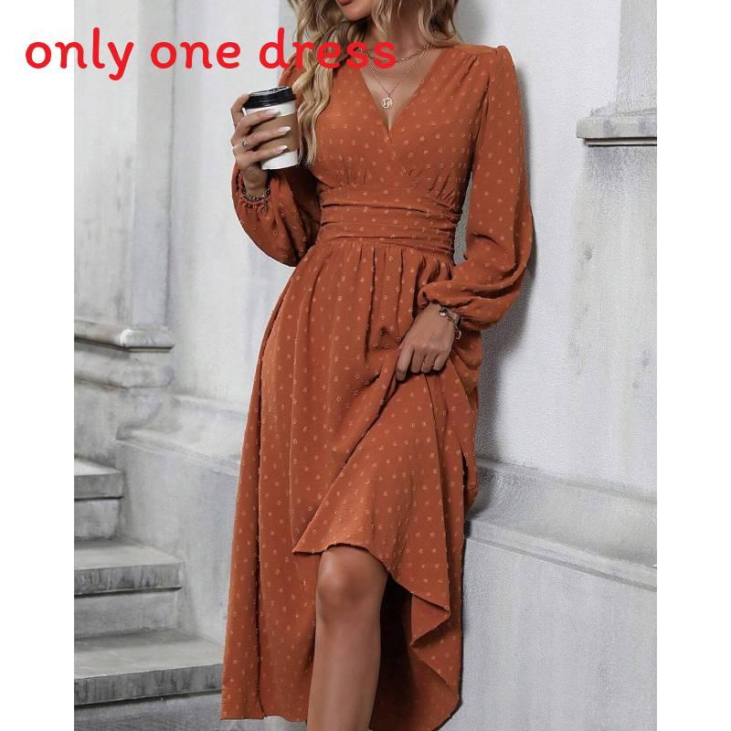 Polyester V Neck Lantern Sleeve Pleated A Line Dress For Autumn Winter Fashion
