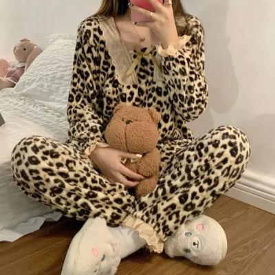 Nové pyžamo Dámské Podzim Zima Coral Fleece Plus Sametový zahuštěný Souprava na spaní Leopardí potisk Dámský domácí oblek pro volný čas