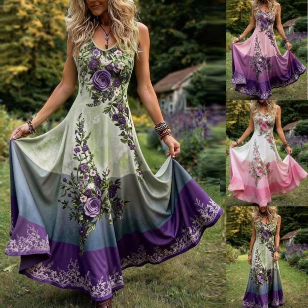 Summer New Plus Size Women's Elegant Sleeveless V-neck Print Long Dress Leisure