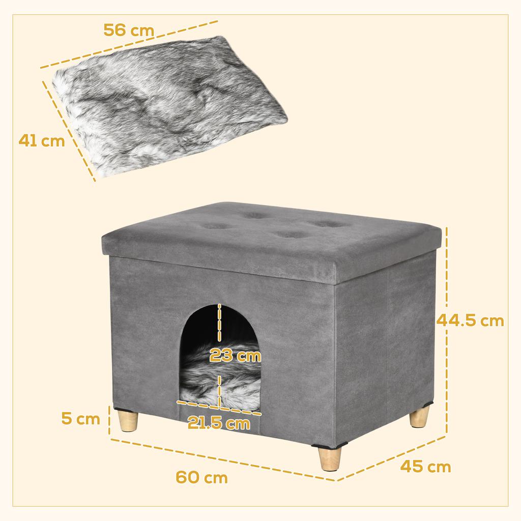 Cat House Pouf Footstool Padded with Removable and Washable Cushion, Grey