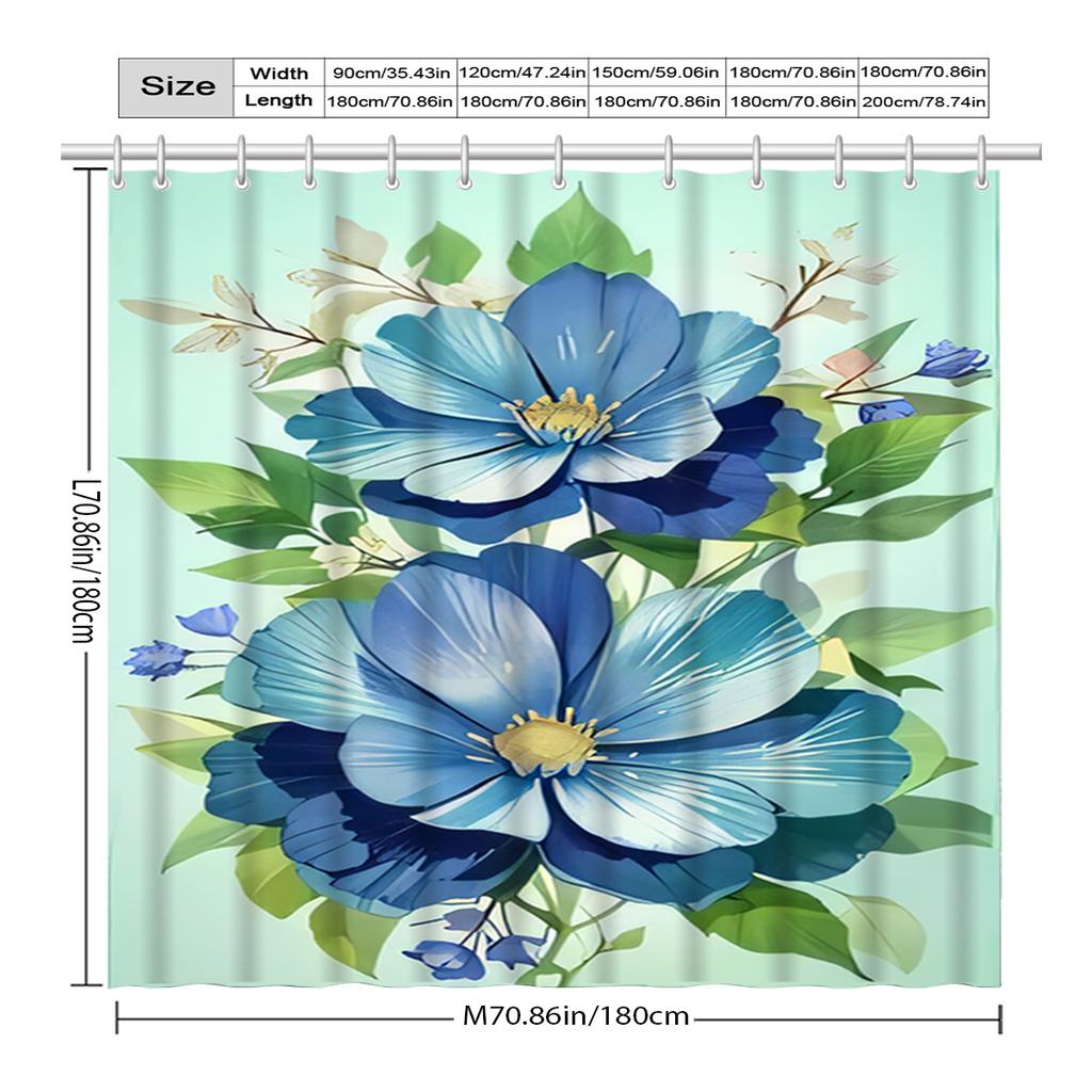 Elegant Blue Floral Shower Curtain , Vibrant Blue & Purple Flowers with Green Leaves, Perfect for Modern Bathroom Decor